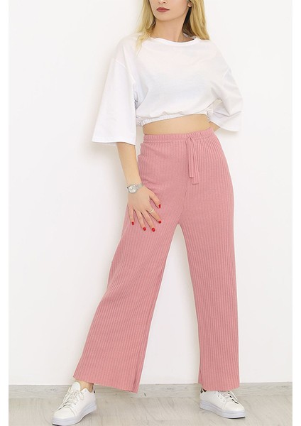 Yüksek Bel Yumuşacık Fitilli Beli Lastikli Günlük Rahat Kadın Pantolon Pembe modelleri