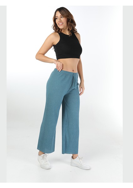 Yüksek Bel Yumuşacık Fitilli Beli Lastikli Günlük Rahat Kadın Pantolon Mavi modelleri