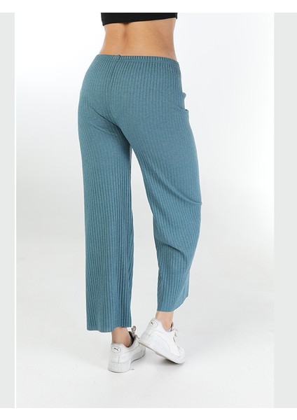 Yüksek Bel Yumuşacık Fitilli Beli Lastikli Günlük Rahat Kadın Pantolon Mavi indirimleri