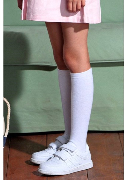 Pamuklu Düz Beyaz Çocuk Dizaltı Çorap 7 9 Yaş