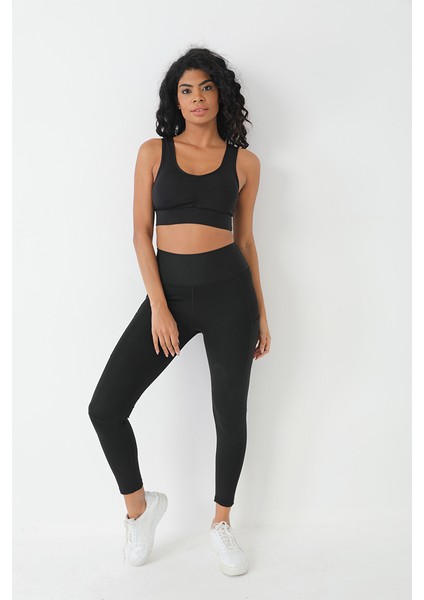 Siyah Cepli Yüksek Bel Ektsra Toparlayıcı Geniş Bel Tam Boy Sıkılaştırıcı Spor Tayt 1037 indirimleri
