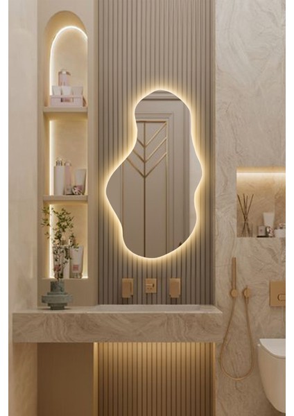 LED Işıklı Asimetrik Model Dekoratif Duvar Aynası, Modern Eşsiz Ayna, Ayna Duvar Dekorasyon Ürünü