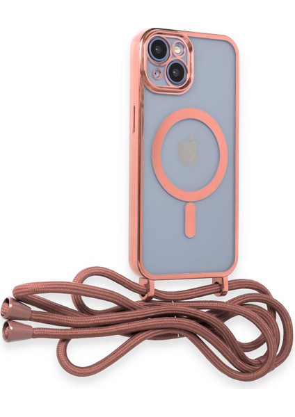 iPhone 14 Kılıf Boyun ve Omuz Ip Askılı Kablosuz Şarj Uyumlu 1.kalite - Pembe