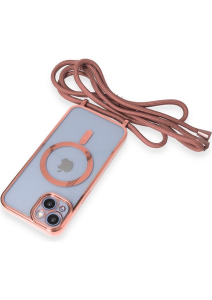 iPhone 14 Kılıf Boyun ve Omuz Ip Askılı Kablosuz Şarj Uyumlu 1.kalite - Pembe