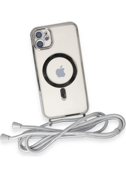 iPhone 12 Kılıf Boyun ve Omuz Ip Askılı Kablosuz Şarj Uyumlu 1.kalite - Gümüş