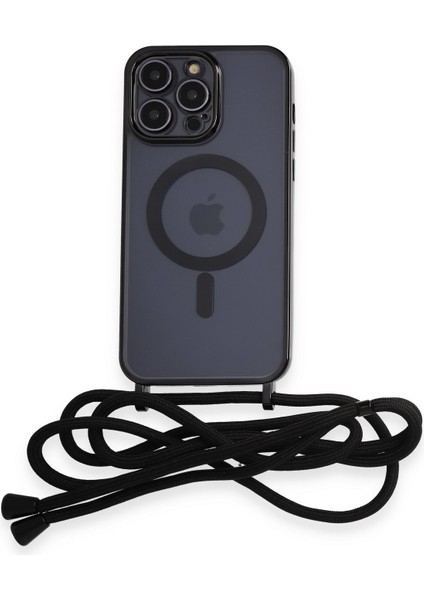 iPhone 12 Pro Max Kılıf Boyun ve Omuz Ip Askılı Kablosuz Şarj Uyumlu 1.kalite - Siyah