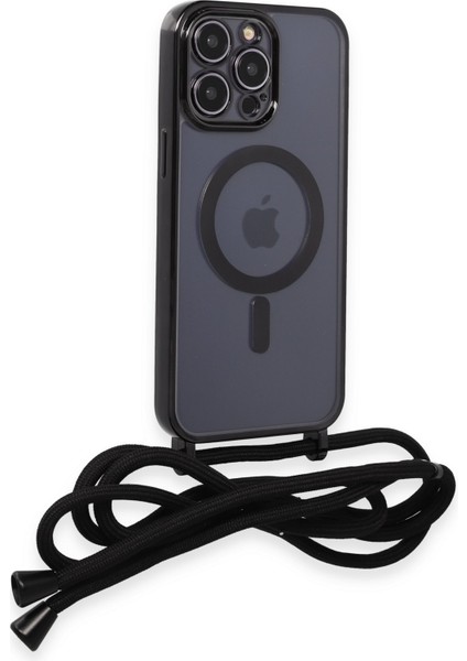 iPhone 12 Pro Max Kılıf Boyun ve Omuz Ip Askılı Kablosuz Şarj Uyumlu 1.kalite - Siyah
