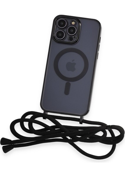 iPhone 12 Pro Max Kılıf Boyun ve Omuz Ip Askılı Kablosuz Şarj Uyumlu 1.kalite - Siyah