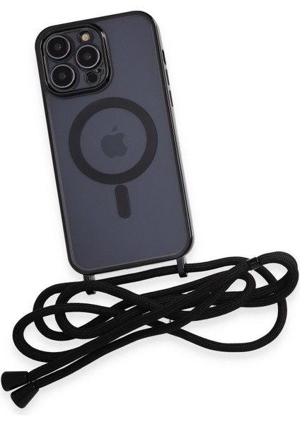 iPhone 12 Pro Max Kılıf Boyun ve Omuz Ip Askılı Kablosuz Şarj Uyumlu 1.kalite - Siyah