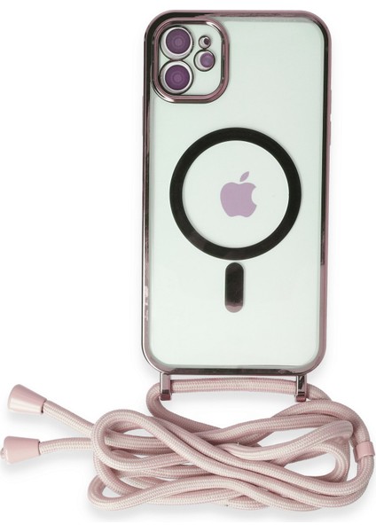 iPhone 12 Kılıf Boyun ve Omuz Ip Askılı Kablosuz Şarj Uyumlu 1.kalite - Pembe