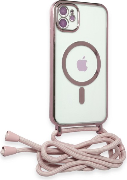 iPhone 12 Kılıf Boyun ve Omuz Ip Askılı Kablosuz Şarj Uyumlu 1.kalite - Pembe