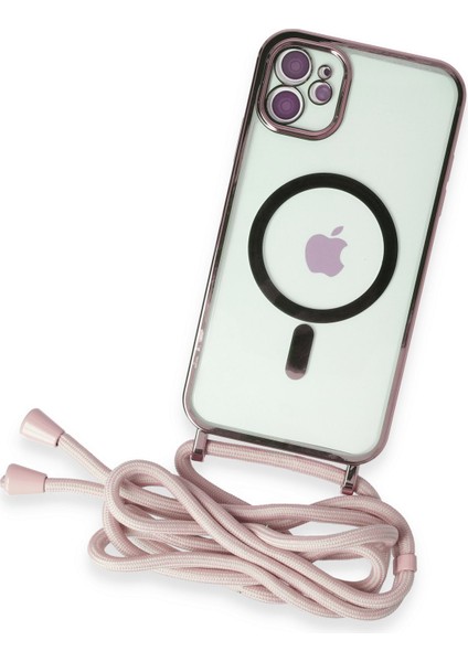 iPhone 12 Kılıf Boyun ve Omuz Ip Askılı Kablosuz Şarj Uyumlu 1.kalite - Pembe