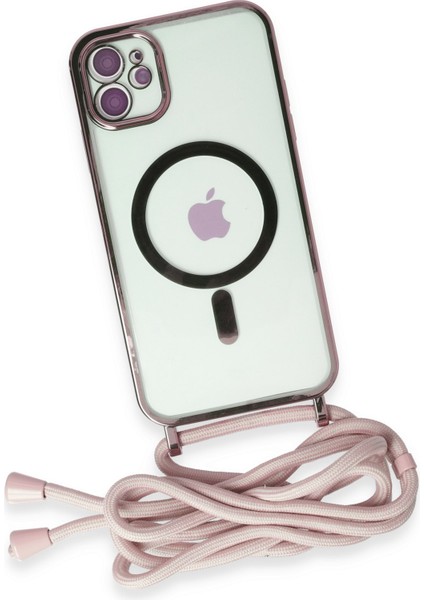 iPhone 12 Kılıf Boyun ve Omuz Ip Askılı Kablosuz Şarj Uyumlu 1.kalite - Pembe