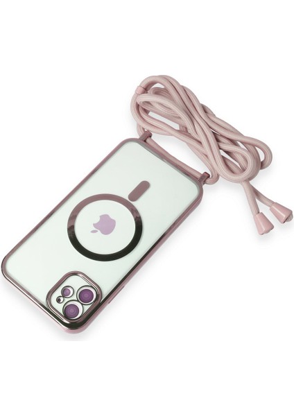 iPhone 12 Kılıf Boyun ve Omuz Ip Askılı Kablosuz Şarj Uyumlu 1.kalite - Pembe