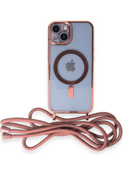 iPhone 13 Kılıf Boyun ve Omuz Ip Askılı Kablosuz Şarj Uyumlu 1.kalite - Pembe