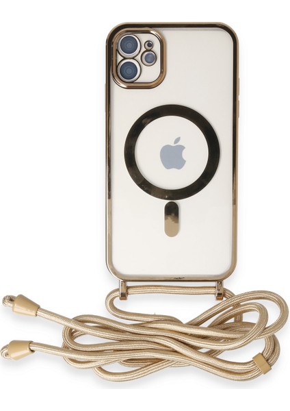 iPhone 12 Kılıf Boyun ve Omuz Ip Askılı Kablosuz Şarj Uyumlu 1.kalite - Gold