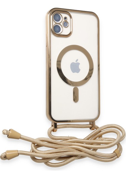 iPhone 12 Kılıf Boyun ve Omuz Ip Askılı Kablosuz Şarj Uyumlu 1.kalite - Gold