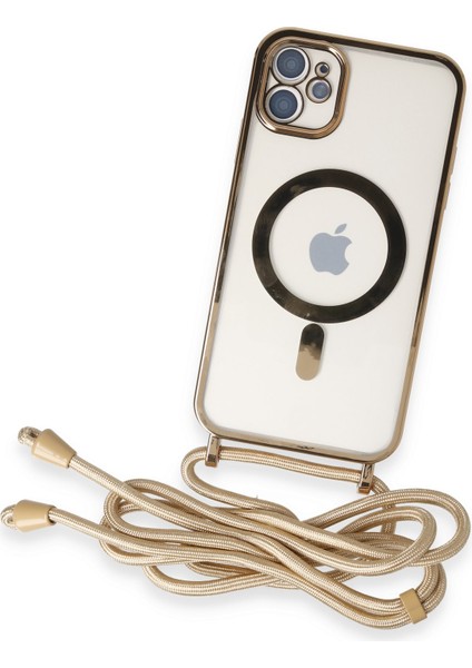 iPhone 12 Kılıf Boyun ve Omuz Ip Askılı Kablosuz Şarj Uyumlu 1.kalite - Gold