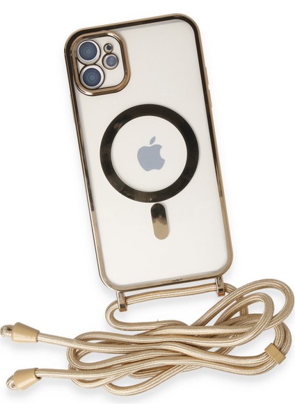 iPhone 12 Kılıf Boyun ve Omuz Ip Askılı Kablosuz Şarj Uyumlu 1.kalite - Gold