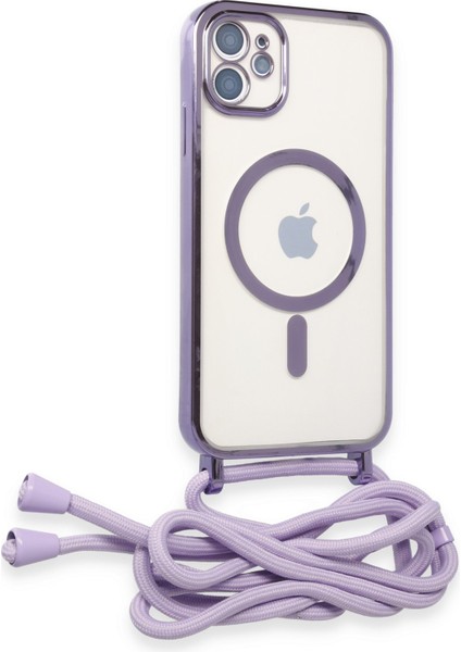 iPhone 12 Kılıf Boyun ve Omuz Ip Askılı Kablosuz Şarj Uyumlu 1.kalite - Lila