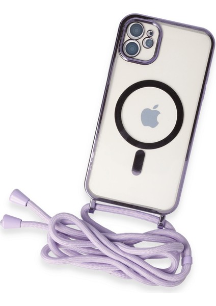 iPhone 12 Kılıf Boyun ve Omuz Ip Askılı Kablosuz Şarj Uyumlu 1.kalite - Lila