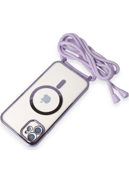 iPhone 12 Kılıf Boyun ve Omuz Ip Askılı Kablosuz Şarj Uyumlu 1.kalite - Lila