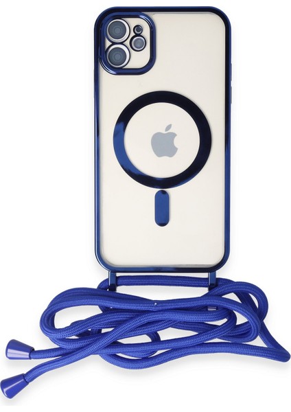 iPhone 11 Kılıf Boyun ve Omuz Ip Askılı Kablosuz Şarj Uyumlu 1.kalite - Mavi