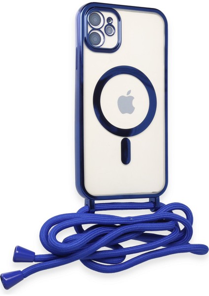 iPhone 11 Kılıf Boyun ve Omuz Ip Askılı Kablosuz Şarj Uyumlu 1.kalite - Mavi