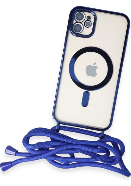 iPhone 11 Kılıf Boyun ve Omuz Ip Askılı Kablosuz Şarj Uyumlu 1.kalite - Mavi