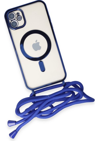 iPhone 11 Kılıf Boyun ve Omuz Ip Askılı Kablosuz Şarj Uyumlu 1.kalite - Mavi