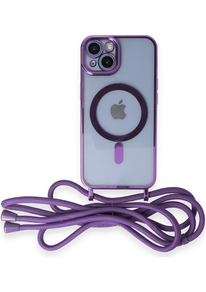 iPhone 13 Kılıf Boyun ve Omuz Ip Askılı Kablosuz Şarj Uyumlu 1.kalite - Lila
