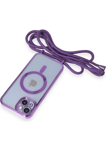 iPhone 13 Kılıf Boyun ve Omuz Ip Askılı Kablosuz Şarj Uyumlu 1.kalite - Lila