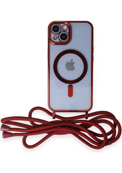 iPhone 13 Kılıf Boyun ve Omuz Ip Askılı Kablosuz Şarj Uyumlu 1.kalite - Kırmızı