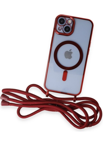 iPhone 13 Kılıf Boyun ve Omuz Ip Askılı Kablosuz Şarj Uyumlu 1.kalite - Kırmızı