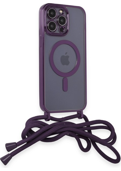 iPhone 14 Pro Kılıf Boyun ve Omuz Ip Askılı Kablosuz Şarj Uyumlu 1.kalite - Derin Mor