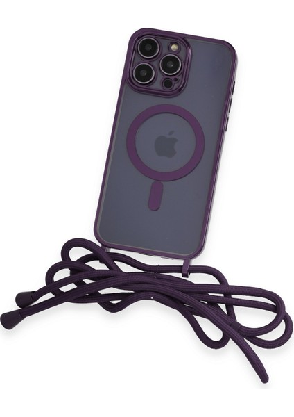 iPhone 14 Pro Kılıf Boyun ve Omuz Ip Askılı Kablosuz Şarj Uyumlu 1.kalite - Derin Mor