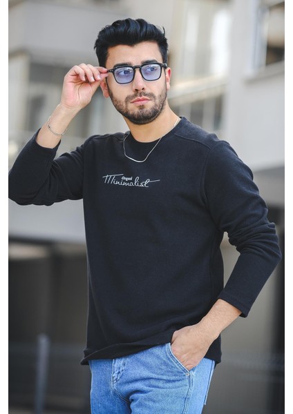 Mnmlst 017 Baskılı Selanik Pamuklu Slim Fit Likralı Sıfır Yaka Erkek Sweatshirt