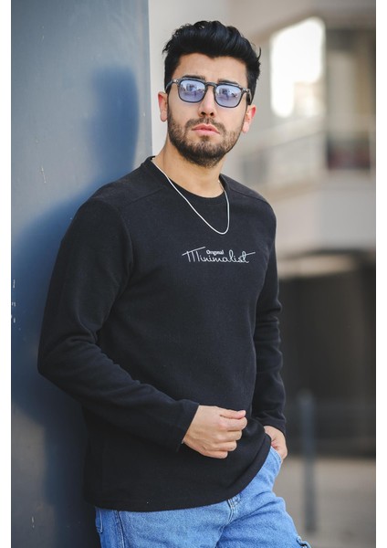 Mnmlst 017 Baskılı Selanik Pamuklu Slim Fit Likralı Sıfır Yaka Erkek Sweatshirt