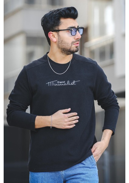 Mnmlst 017 Baskılı Selanik Pamuklu Slim Fit Likralı Sıfır Yaka Erkek Sweatshirt
