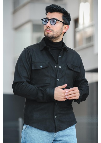 Udeq Slim Fit Çift Cep Kapaklı Likralı Süet Erkek Gömlek