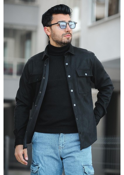 Udeq Slim Fit Çift Cep Kapaklı Likralı Süet Erkek Gömlek