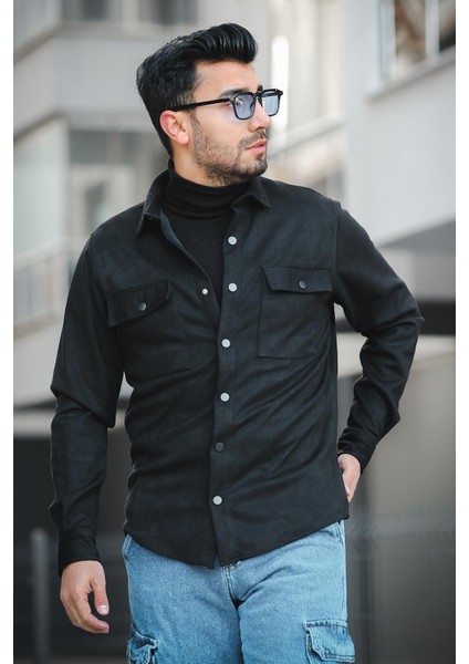 Udeq Slim Fit Çift Cep Kapaklı Likralı Süet Erkek Gömlek