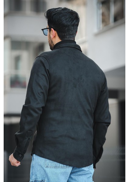 Udeq Slim Fit Çift Cep Kapaklı Likralı Süet Erkek Gömlek