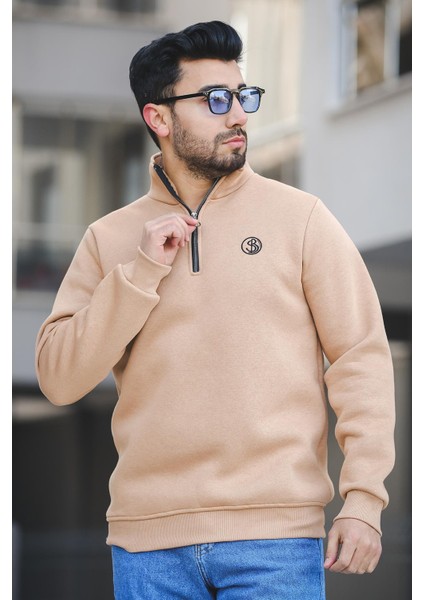 Sezza Üç Iplik Şardonlu Nakışlı Fermuarlı Dik Yaka Slim Fit Erkek Sweatshirt