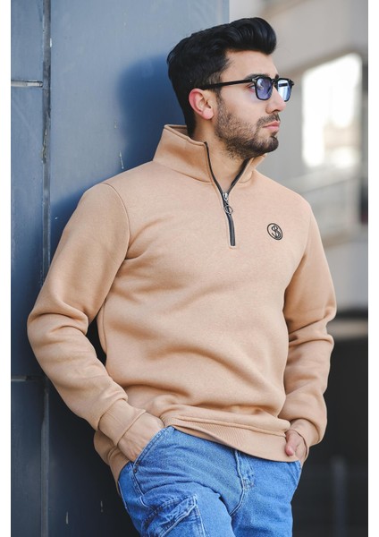 Sezza Üç Iplik Şardonlu Nakışlı Fermuarlı Dik Yaka Slim Fit Erkek Sweatshirt
