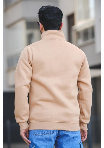 Sezza Üç Iplik Şardonlu Nakışlı Fermuarlı Dik Yaka Slim Fit Erkek Sweatshirt