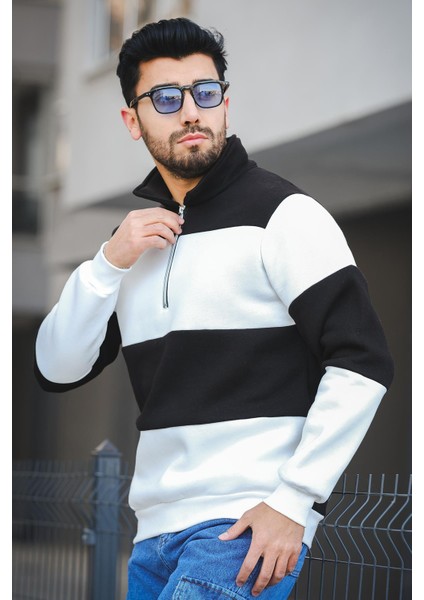 Arman Üç Iplik Şardonlu Parçalı Fermuarlı Dik Yaka Slim Fit Erkek Sweatshirt