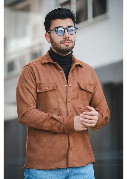 Udeq Slim Fit Çift Cep Kapaklı Likralı Süet Erkek Gömlek modelleri