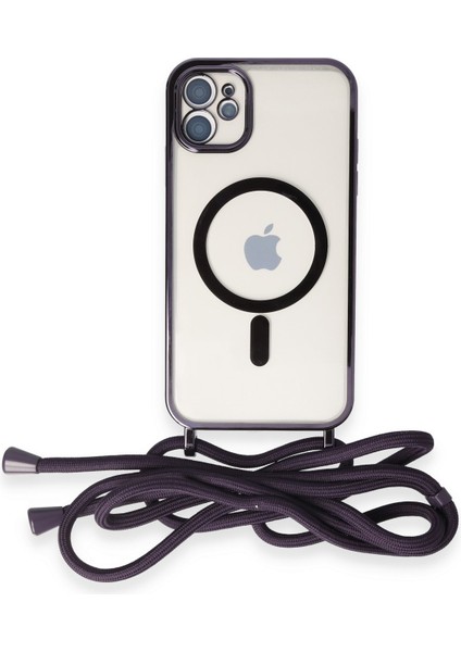 iPhone 11 Kılıf Boyun ve Omuz Ip Askılı Kablosuz Şarj Uyumlu 1.kalite - Derin Mor