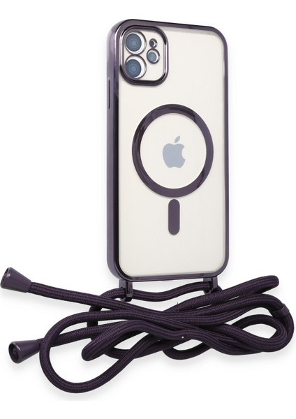 iPhone 11 Kılıf Boyun ve Omuz Ip Askılı Kablosuz Şarj Uyumlu 1.kalite - Derin Mor
